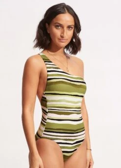 Sun Stripe One Shoulder One Piece - Avocado 12 Sun Stripe One Shoulder One Piece - Avocado -Outlet Seafolly Store 11054 947 Avocado 3
